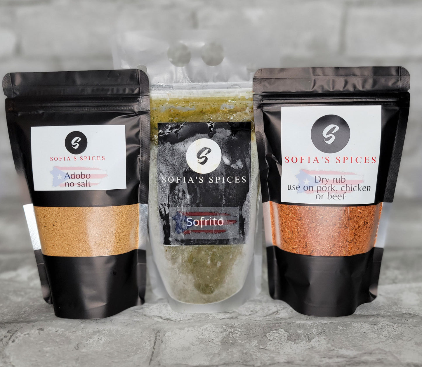 Sofia's spices trio- Adobo with no salt, sofrito and dry rub